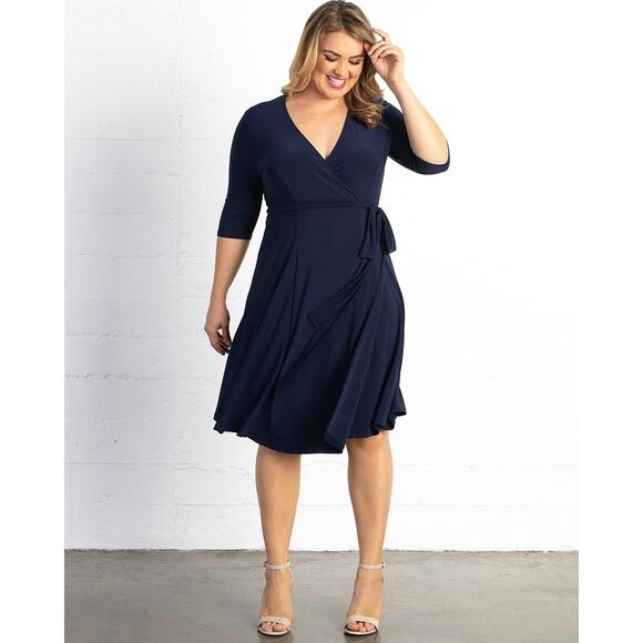 Kiyonna Womens Wrap Dress Knit Plus Size 1X (14-16) Navy Blue Made in USA - Picture 1 of 8